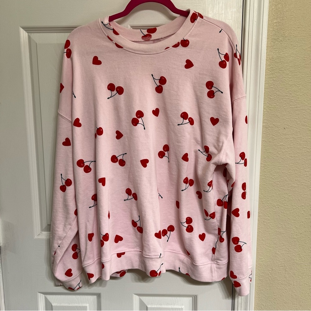 Pink Sweatshirt with Cherry and Heart Print